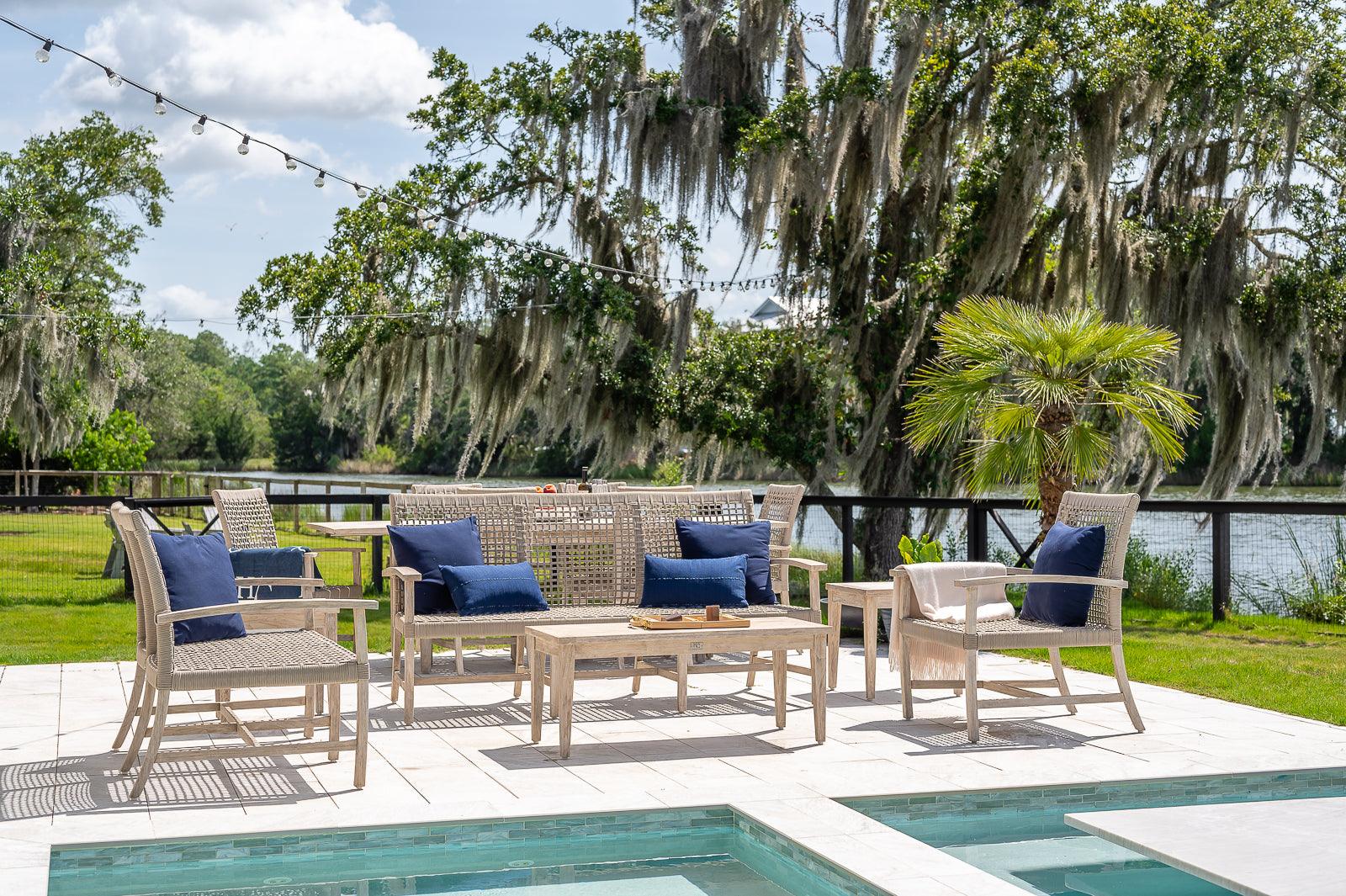 Teak and rope patio loveseat